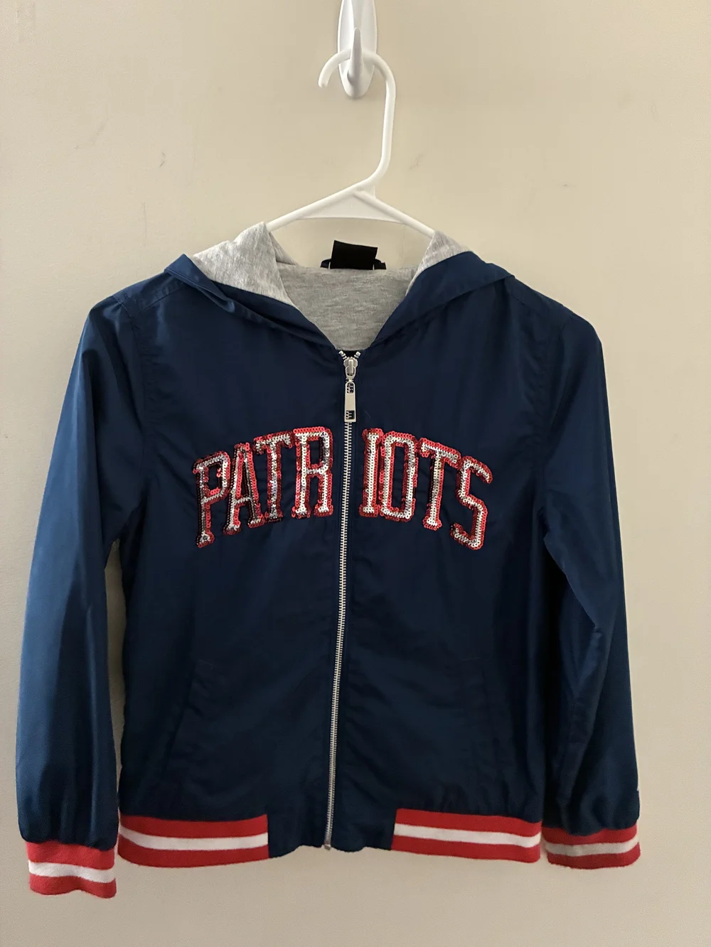 NFL New England PATRIOTS Navy Blue Hooded Jacket with Red & White Sequence Trim